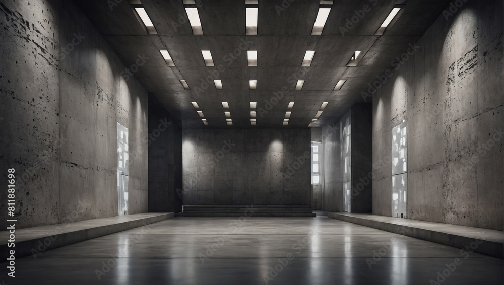 Modernist Elegance, Abstract Interior Design in a Concrete Room with Architectural Backdrop