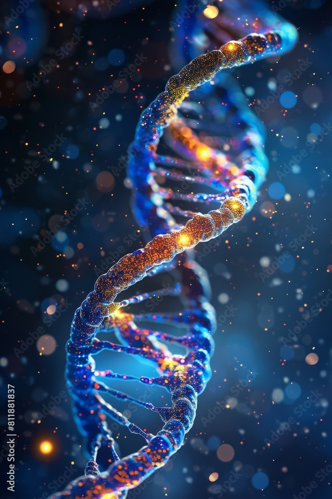 Obraz premium Glowing Double Helix DNA strand with sparkling particles for genetics and life backdrop
