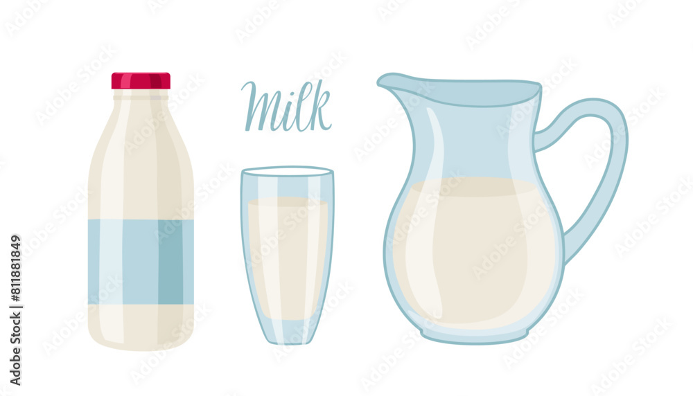 Milk in different containers. Jug, bottle, glass of milk. Kitchen utensils. Vector illustration isolated on white background. Elements for Dairy Design, Farm Logo, Grocery Store, Healthy Eating. Milk in different containers. Jug, bottle, glass of milk. Kitchen utensils. Vector illustration isolated on white background. Elements for Dairy Design, Farm Logo, Grocery Store, Healthy Eating.