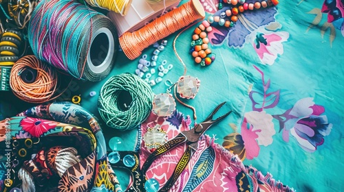 A textile table is decorated with yarn, beads, scissors, and flowers. The aqua, electric blue, and magenta colors create a vibrant artistic display of creative arts and patterns AIG50