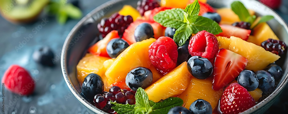 fruit porridge pot topped with fresh berries, including red strawberries, black blueberries, and green leaves, served in a silver bowl on a gray table fruit porridge pot topped with fresh berries, including red strawberries, black blueberries, and green leaves, served in a silver bowl on a gray table