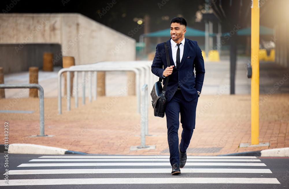 Businessman, walking and commute with city, bag and work for travel in street with smile. African lawyer, confidence and excited for new job or career at workplace in urban town with opportunity Businessman, walking and commute with city, bag and work for travel in street with smile. African lawyer, confidence and excited for new job or career at workplace in urban town with opportunity