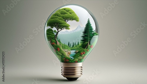 A conceptual image of a light bulb, the interior filled with lush forest scenery,