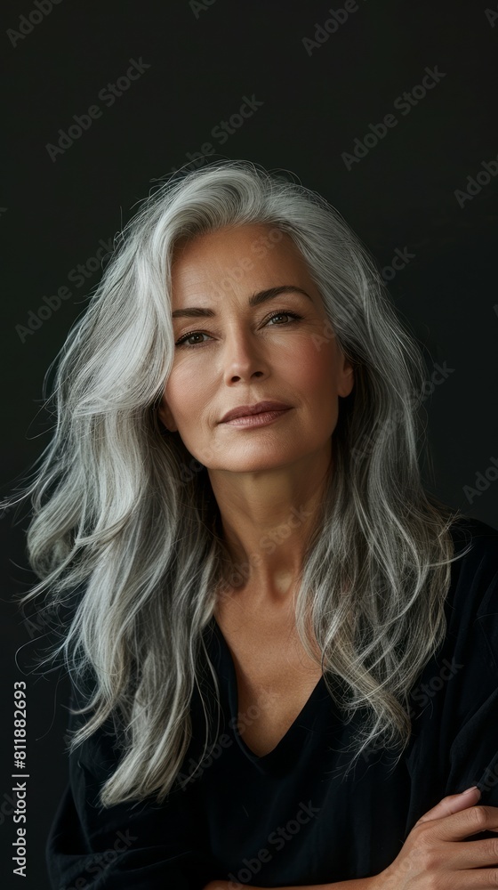 Gray-Haired Woman on a Flat Black Background Gray-Haired Woman on a Flat Black Background
