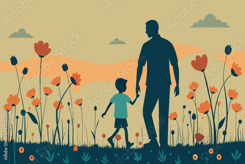A father and child holding hands while walking among vibrant flowers at dusk