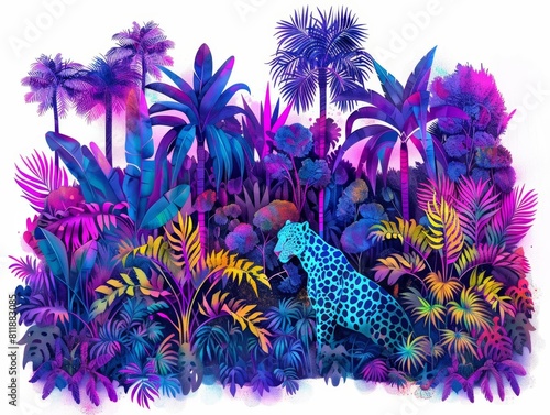 Infuse traditional wildlife photography with a modern twist by painting a neon-lit jungle panorama in a Pop Art aesthetic, combining realistic animal details with exaggerated, elec photo