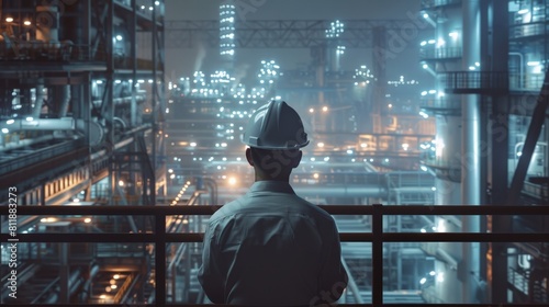 An engineer looking out over an oil refinery at night.