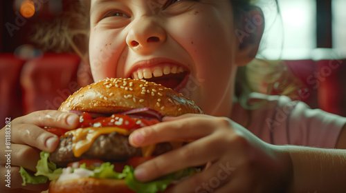 A candid portrait of a little fat  happy  cheerful girl eating a big delicious flavorful burger with tomatoes  cheese  pickles  onions  herbs and beef