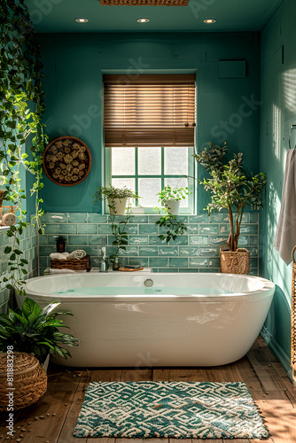 Cozy bathroom interior decorated in teal color.