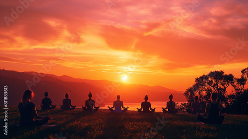 Against the backdrop of a vibrant sunset sky  a circle of individuals finds tranquility in their yoga practice at the park  their movements fluid and intentional  their minds quiet