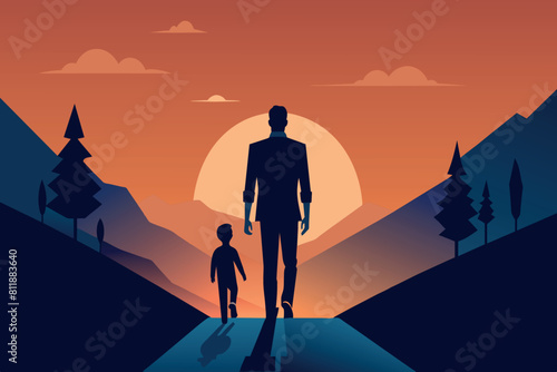 A father and son stroll against a backdrop of mountains and a setting sun