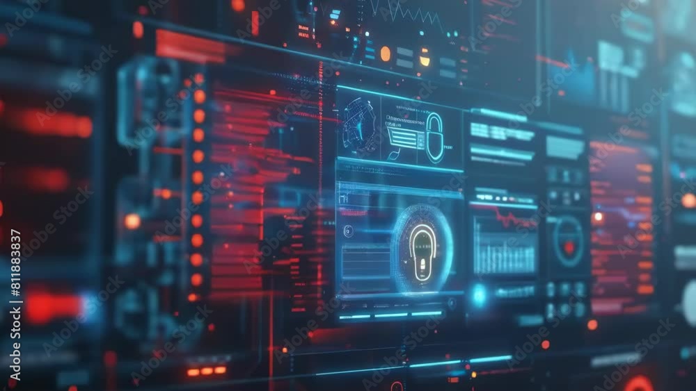 A detailed view of a cybersecurity monitoring interface with dynamic data displays, symbolizing advanced digital protection and information security technology A detailed view of a cybersecurity monitoring interface with dynamic data displays, symbolizing advanced digital protection and information security technology