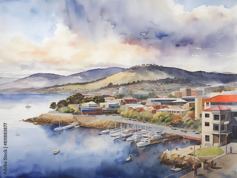 Hobart Australia Country Landscape Illustration Art