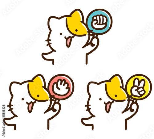 じゃんけんの札を出すかわいいねこのキャラクターのデフォルメイラストセット