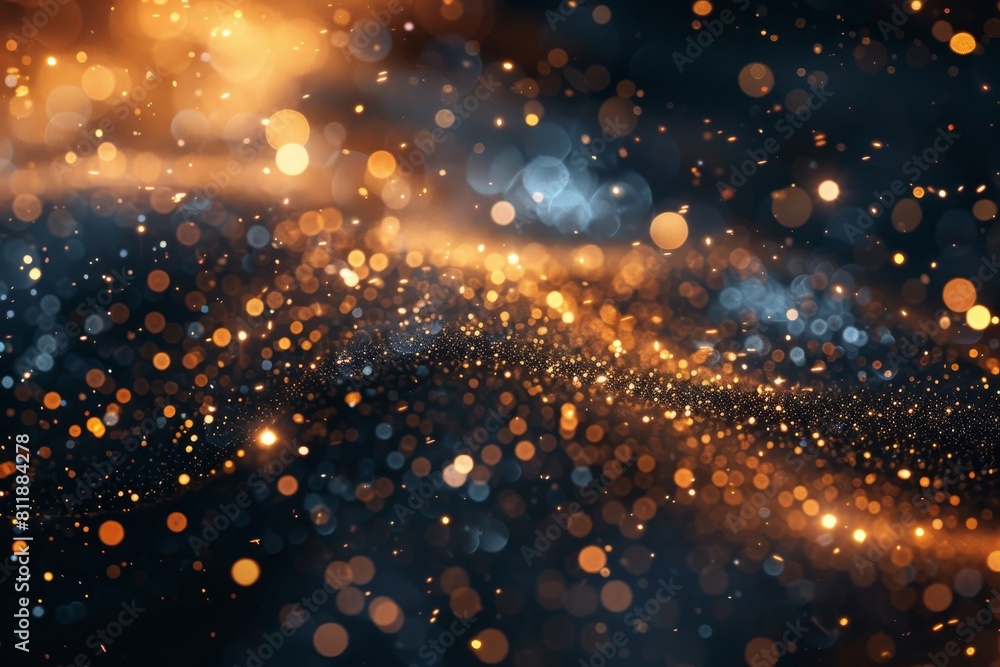 Beautiful gold particles on a black background create a mesmerizing and futuristic visual display with shimmering dust and bokeh stars in slow motion. Beautiful gold particles on a black background create a mesmerizing and futuristic visual display with shimmering dust and bokeh stars in slow motion.