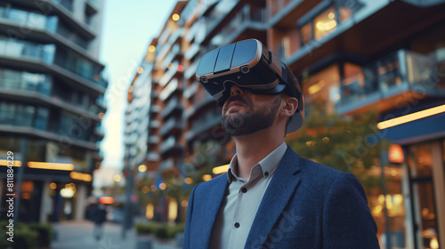 A real estate developer dons VR goggles to explore a digital blueprint of a mixed-use development project, navigating through virtual storefronts and residential units to envision © Maksym