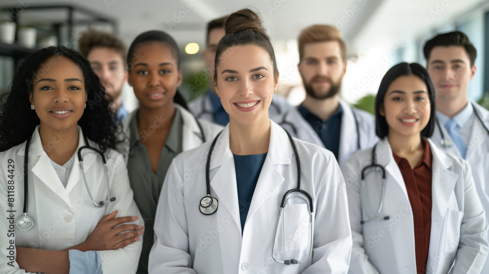 A group of confident doctors and medical staff stand shoulder to shoulder, wearing white coats and stethoscopes, their expressions determined and compassionate as they symbolize un A group of confident doctors and medical staff stand shoulder to shoulder, wearing white coats and stethoscopes, their expressions determined and compassionate as they symbolize un
