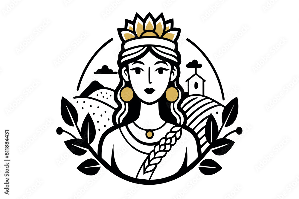A regal woman represented in stylized art with a crown, nature, and architectural elements A regal woman represented in stylized art with a crown, nature, and architectural elements