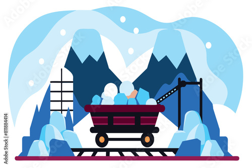 A red wagon filled with babies is parked on top of a snow-covered mountain
