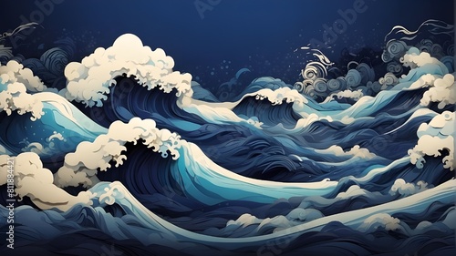 AI-generated Rough Wave Motif Japanese Style Background in Indigo