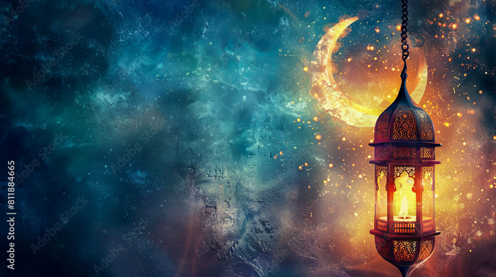 A lantern hanging from a crescent moon. A lantern hanging from a crescent moon.