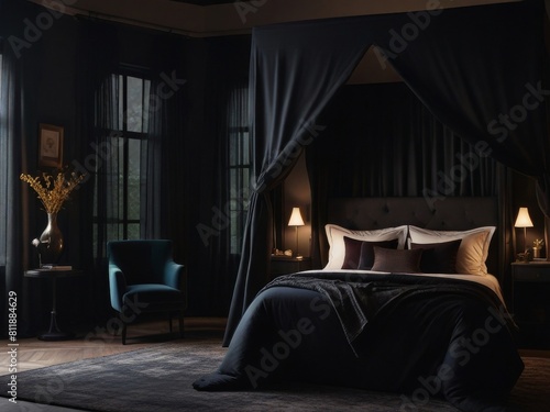 Step into a moody and inviting bedroom, with soft ambient lighting and a canopy bed draped in rich, dark fabrics. The perfect place to escape and unwind.