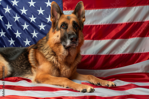 scene of patriotic splendor, a commercial photo captures the dignified pose of a faithful German shepherd against the backdrop of the USA flag on the 4th of July, creating a stunni photo
