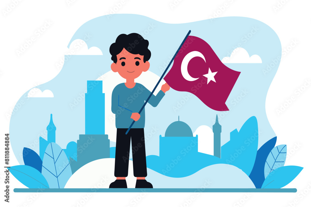 A smiling boy proudly waves the flag of Turkey with a city skyline and mosques in the background A smiling boy proudly waves the flag of Turkey with a city skyline and mosques in the background