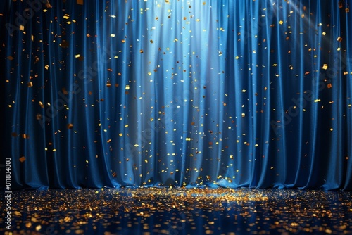 Bright blue curtain serves as the backdrop for the golden confetti raining down in a vector illustration.