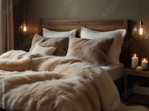 Imagine a cozy bedroom with warm, golden lighting, casting a soft glow over a rustic wooden bed frame and a plush, faux fur rug. The perfect blend of comfort and style.