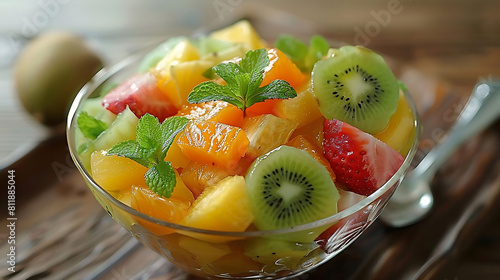 fruit porridge potluck featuring sliced kiwi, red strawberry, and green leaf served in a clear glass bowl on a wooden table, accompanied by a silver spoon photo