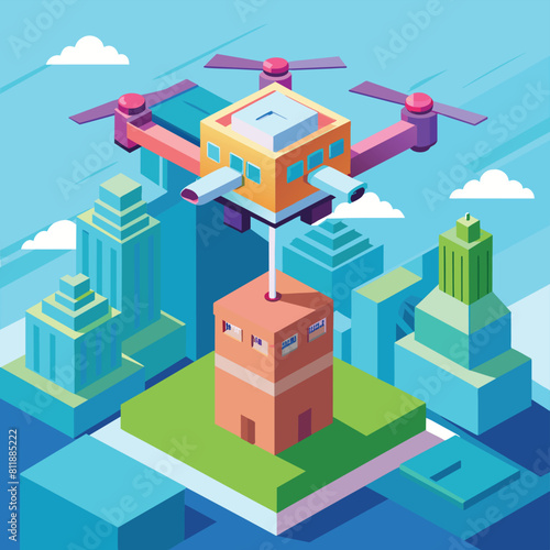 Autonomous drone delivery. UAV with package flying over city. Contactless delivery service. Low poly vector illustration with 3D effect on daytime background.