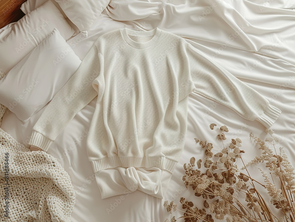 Kids pajamas mockup, A warm beige sweater laid out on smooth white silk bedding, accompanied by dried flowers for a serene setting. Kids pajamas mockup, A warm beige sweater laid out on smooth white silk bedding, accompanied by dried flowers for a serene setting.