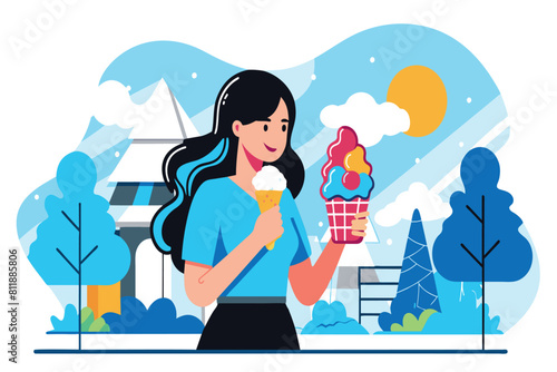 A smiling lady savors a vibrant ice cream outdoors