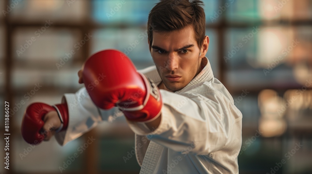  White man practicing kickboxing sport, person is focused and enjoying the sport, sports photography, generative ai