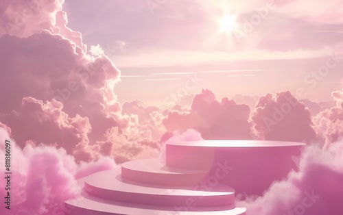 In the scene, the dreamy pink platform showcased the luxurious beauty product against a heavenly backdrop, creating a romantic and abstract ambiance with the pastel colors and subtle lighting.