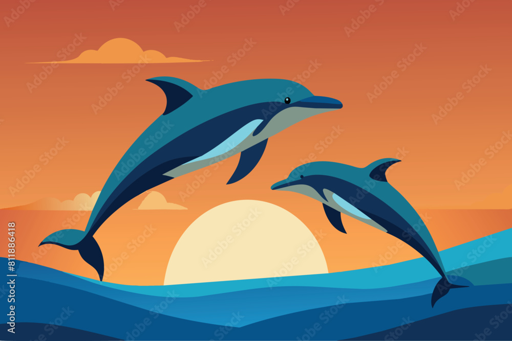 Obraz premium Dolphins jump over sea waves against a sunset backdrop
