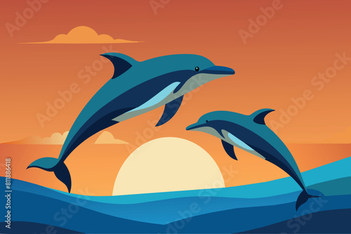 Dolphins jump over sea waves against a sunset backdrop
