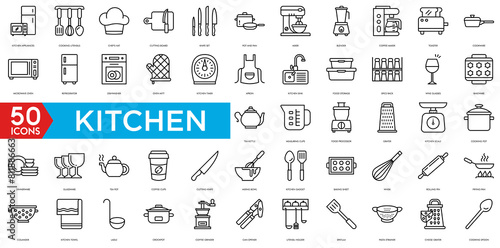 Kitchen icon. Kitchen Appliances, Cooking Utensils Chef's Hat, Cutting Board, Knife Set, Pot and Pan, Mixer, Blender, Coffee Maker, Toaster icon photo