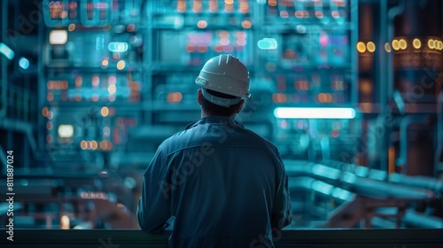 A man in a hard hat looking out at an industrial control room.