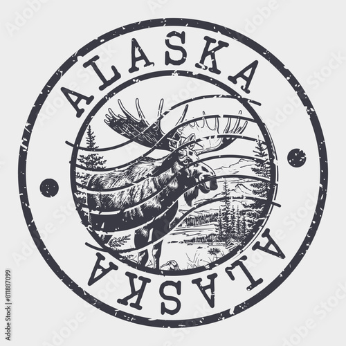 Alaska, Stamp Postal. Silhouette Seal. Passport Round Design. Vector Icon. Design Retro Travel. National Symbol.	
