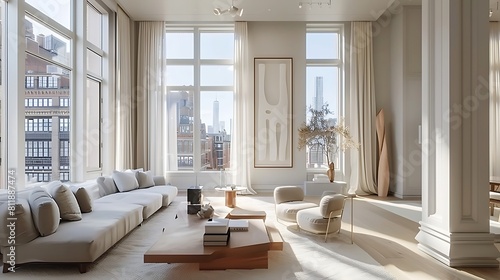 Showcase the modern elegance of a bright and airy apartment with expansive windows, adorned with chic decorations and stylish furniture pieces, evoking a sense of comfort and sophistication