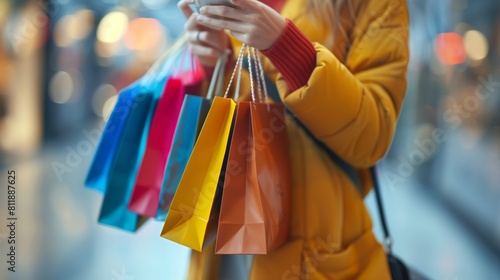 A woman with colorful shopping bags in hand smiles after a successful shopping spree at the mall. Generative AI