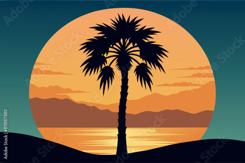 Silhouetted palm trees stand tall as the sun sets over a calm sea