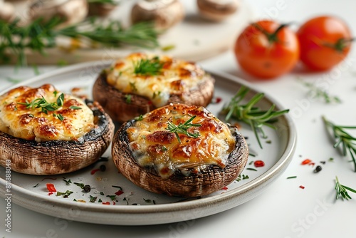 A top view and close shot of a plate of baked stuffed mushroom with cheese and herbs with a big space for text or product advertisement background, Generative AI.