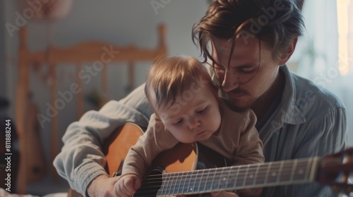 a young father lulls his baby to sleep while playing the guitar and singing