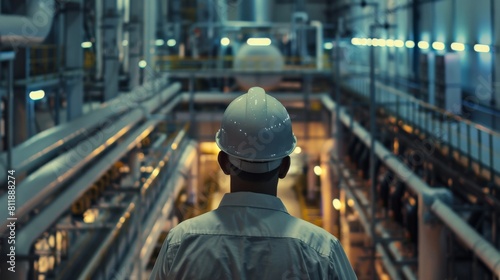 An engineer in a hard hat looks out over a large industrial plant.