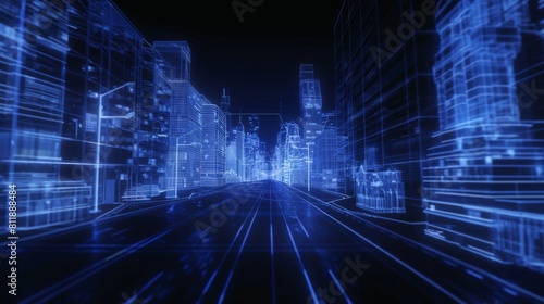 Line-based translucent graphics with street scenery buildings, smart city, future city, city centre, downtown business 