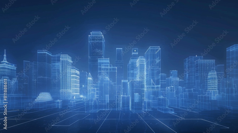 Line-based translucent graphics with street scenery buildings, smart city, future city,  city centre, downtown business  