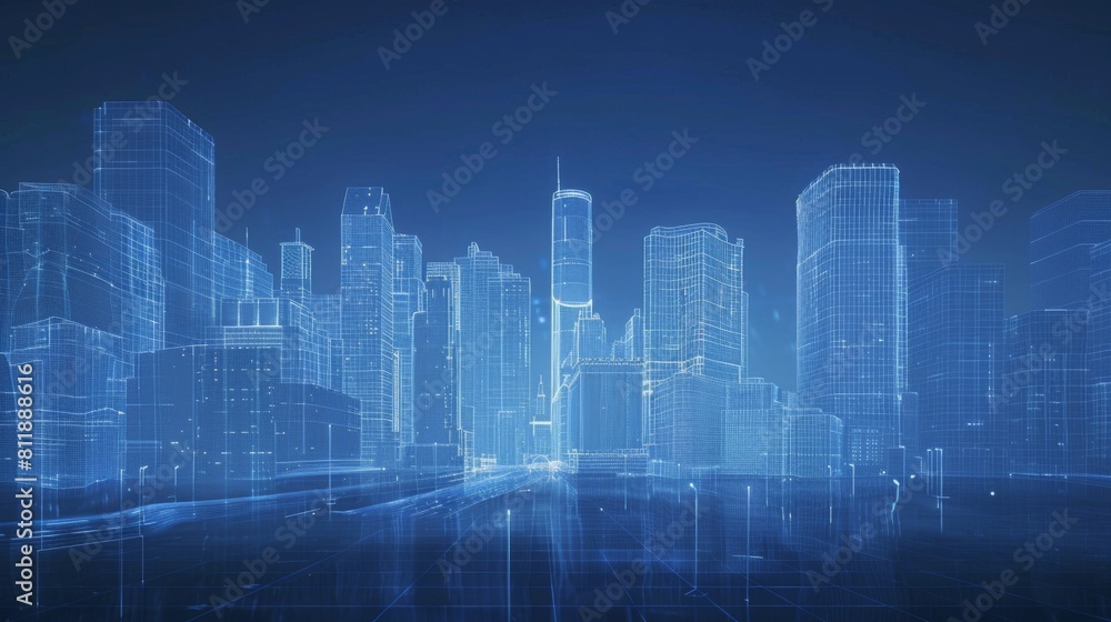 Line-based translucent graphics with street scenery buildings, smart city, future city,  city centre, downtown business  